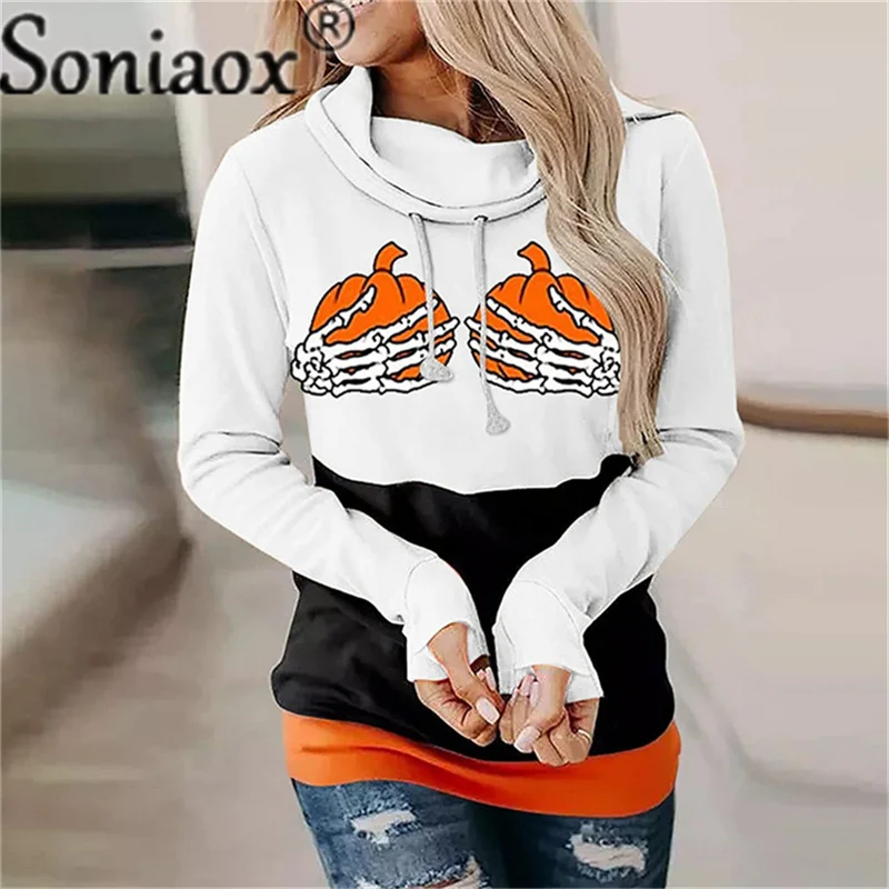 New Autumn Halloween Women Hoodies Skeleton Hand Pumpkin Print High Neck Drawstring Loose Sweatshirt Casual Long Sleeve Pullover