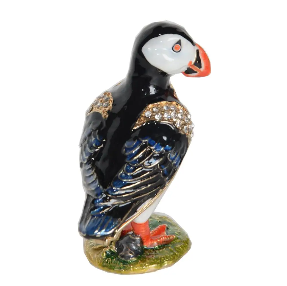 Puffin Bird Trinket Jewelry Earring Ring Box, Gold Plated Metal Collectible Figurines, Novelty Gifts