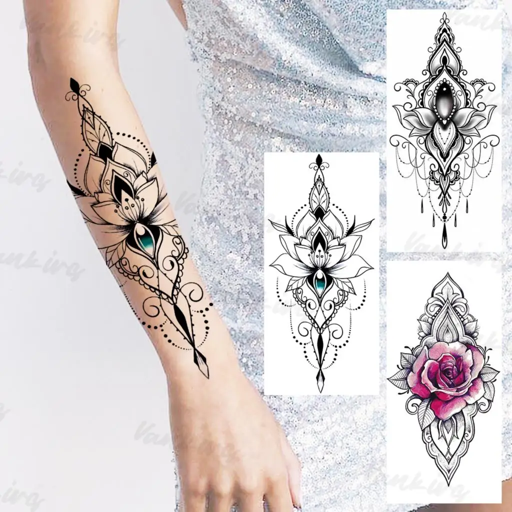 Henna Lotus Temporary Tattoos For Women Adults Watercolor Rose Flower Fake Gemstone Tattoo Sticker Sexy Body Arm Tatoos 3D | Красота и