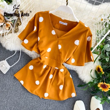 

Women Skinny Shirts Butterfly Sleeve V-Neck Polka Dot Print Slim Shirt Frenulum Ruffles Elegant Blouse 2020 Fashion