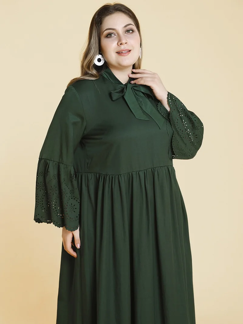 WHZHM лук плюс размер 3XL 4XL платье женские вечерние с широкими расклешенными рукавами Vestidos зеленый цветок выдалбливают вечерние осеннее платье Макси Дамы