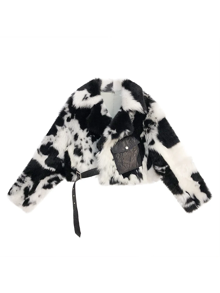 Женская куртка из овчины Tuscany, черный, белый цвет, с рисунком коровы, негабаритная, модная, настоящая овчина, куртка из овчины - Цвет: Black White