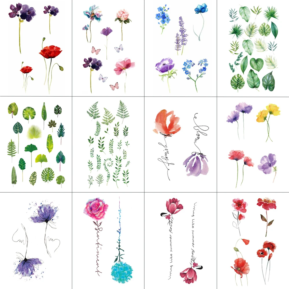 

HXMAN 12 PCS/lot Flower Temporary Tattoo Sticker for Women Men Fake Tatoo Body Art Adult Waterproof Hand Stickers 9.8X6cm W12-19