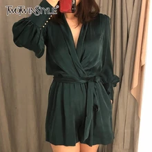 TWOTWINSTYLE Satin Women's Romper V Neck Long Sleeve High Waist Bandage Jumpsuit For Women Vintage Fashion Spring Clothes