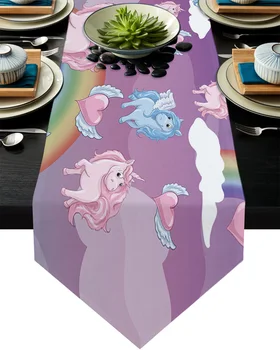 

Cute Unicorn And Rainbow Table Runner Home Party Dining Table Decorative Wedding Table Decoration Flower Cake Tablecloth