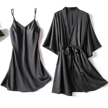 

Bridal Wedding Gift Casual Satin Kimono Bathrobe Gown Nightgown Female 2PCS Robe Set Sleepwear Sexy Intimate Lingerie Nightwear