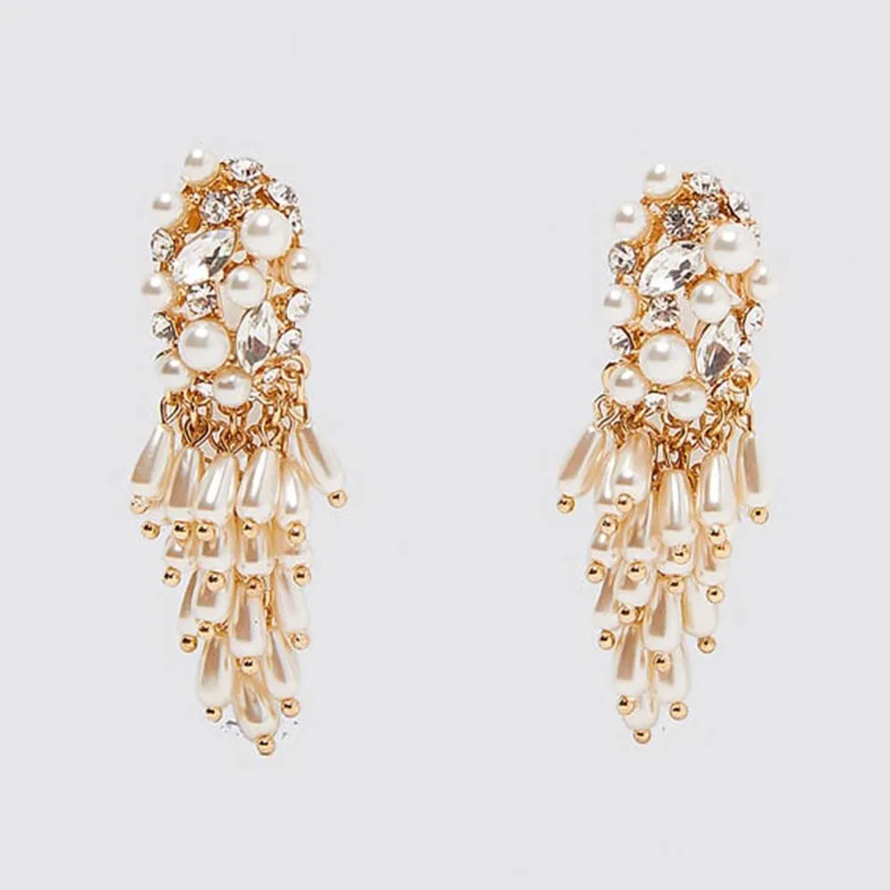 Girlgo винтажные золотые серьги ZA Висячие серьги для женщин модные жемчужные хрустальные металлические подвесные серьги Свадебные ювелирные изделия оптом горячие