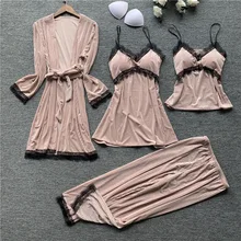 Женские сексуальные кружевные халаты, пижамы, одежда для сна, осенняя одежда для сна, банный халат, штаны, бархат, 4 штуки, теплые зимние пижамы, наборы