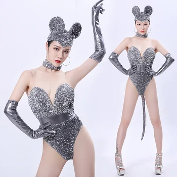 

Stage Outfit Silver Sequined Bodysuit Cosplay Mouse Nightclub Dj Ds Costumes Pole Dance Clothing Rave Party Show Wear DN5796