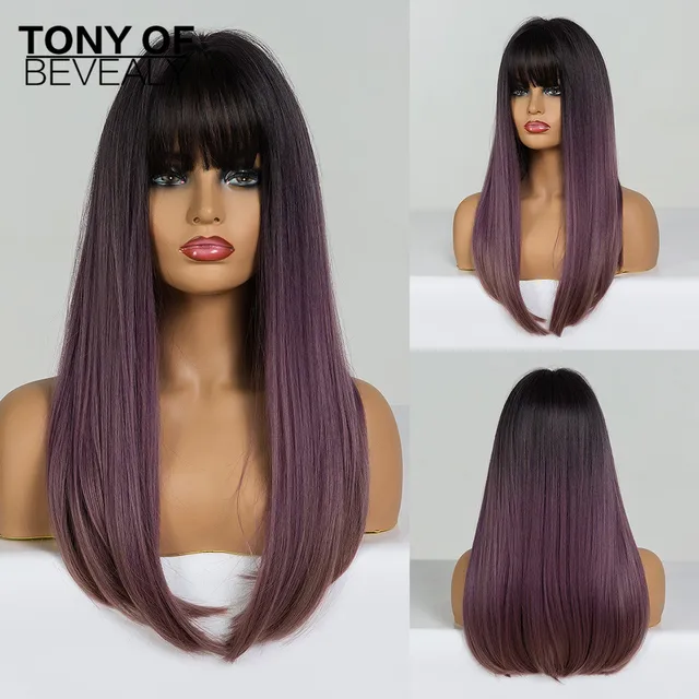 Long Straight Brown Ombre Natural Hair Wigs Middle Part Heat Resistant Synthetic Wigs for Afro Women Daily Cosplay Fashion Wigs lc169-2