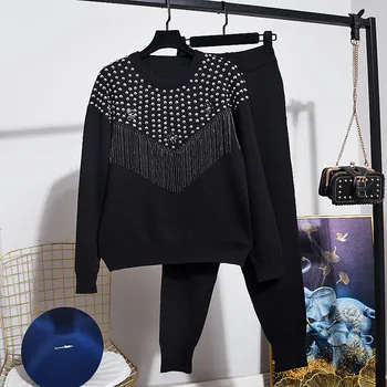 

Spring Autumn Casual Ladies Tracksuit Outfits Knitted Set Beading Chain Tassel Long sleeve Knit Sweater Long Pants 2pc Women Set