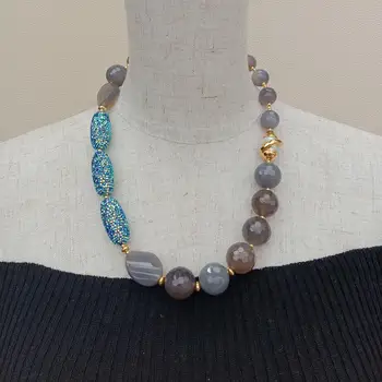 

21'' natural Faceted Grey stone Freshwater Whtie Keshi Pearl Necklace CZ Pave Connector choker necklace