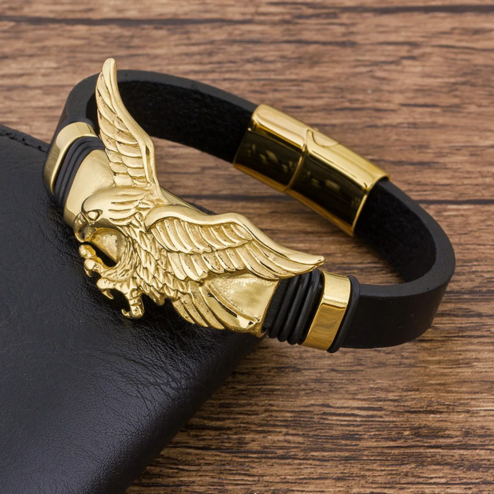 TYO Fashion Charm Rope Braided Bangles Gold Color Men Leather Bracelet Eagles Animal Magnetic Jewelry Metal bracelet jewelry