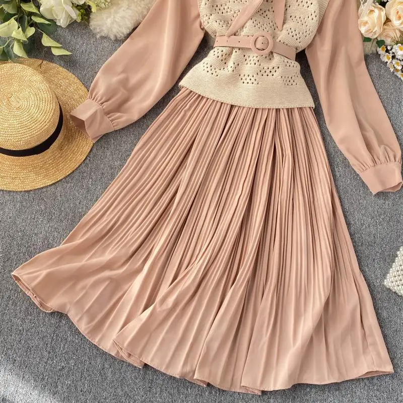 Neploe French Retro Temperament Chic 2 Pcs Women Set Autumn Lace Up Bow Long Pleated Dress+ Hollow Out Knit Vest Chandal 47035