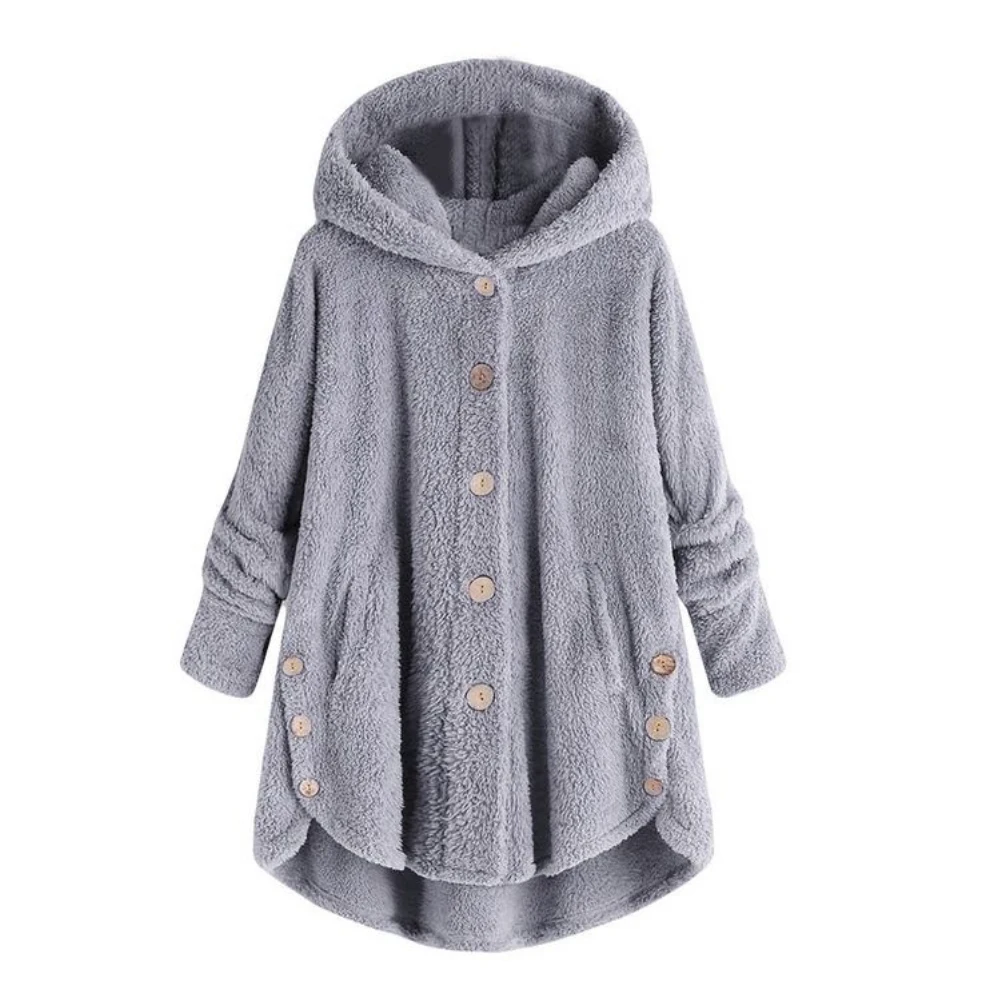 Новое поступление зимние женские однотонные пальто с длинными рукавами и пуговицами теплый Пушистый пуловер с капюшоном