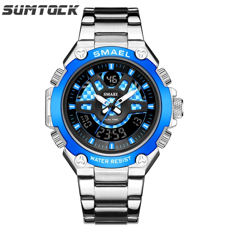

Mens Watch Stainless Steel Strap Dual Display Analog Digital Luxury Business Retro Alarm Date Week Bracelet Clasp Man Watch