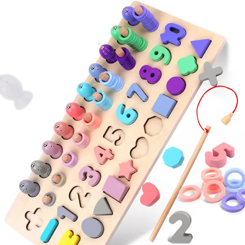 

Wooden Montessori Toys Count Numbers Matching Geometric Shape Cognition Puzzle Fishing Game Early Education Toys For Children