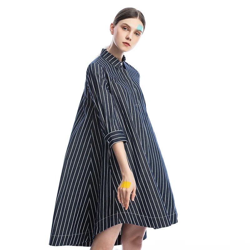 IRINAFC15 FW Коллекция Новое поступление Женские повседневные трапециевидные полосатые джинсовые рубашки платье