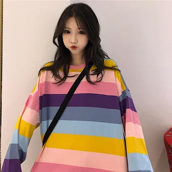 

Korean clothes rainbow stripes long sleeve women sweatshirt mid-length long lazy bf women hoodie student cotton o-neck hoodies