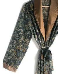 Mens Robe | Smoking Jacket | Paisley Retro Dressing Gown | Gold Blue 70s Boho Mens Robe | 1970s Satin Loungewear Housecoat | Man