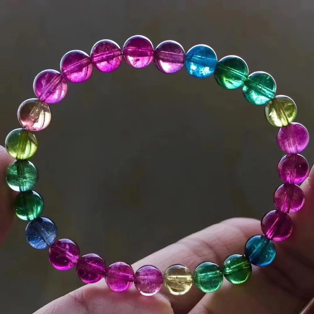 

Top Quality Natural Colorful Tourmaline Quartz Round Beads 7.2mm Bracelet Women Men Crystal Tourmaline AAAAAA Certificate