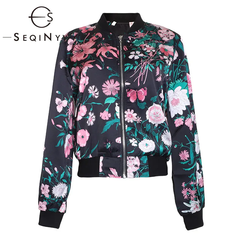 

SEQINYY Short Jacket 2020 Spring Autumn New Fashion Design Women Long Sleeve High Quality Flowers Print Black Top