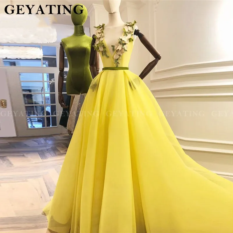 Желтое вечернее платье из тюля 3D цветочные цветы V шеи длинное вечернее платье с карманом vestidos de noche largo ТРАПЕЦИЕВИДНОЕ платье для выпускного вечера