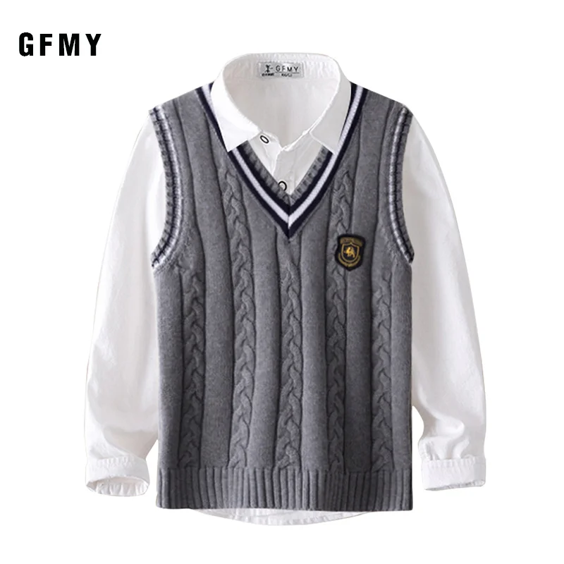 GFMY Autumn 100% Oxford Textile Cotton Solid Color 3T-14T boys white Shirt+ weater vest 2pcs Kid Casual School Clothes