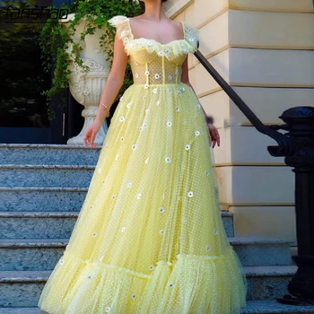 

Yellow Muslim Evening Dresses Tank Tulle Lace Flowers Islamic Dubai Saudi Arabic Long Evening Gown Boho Prom Dress
