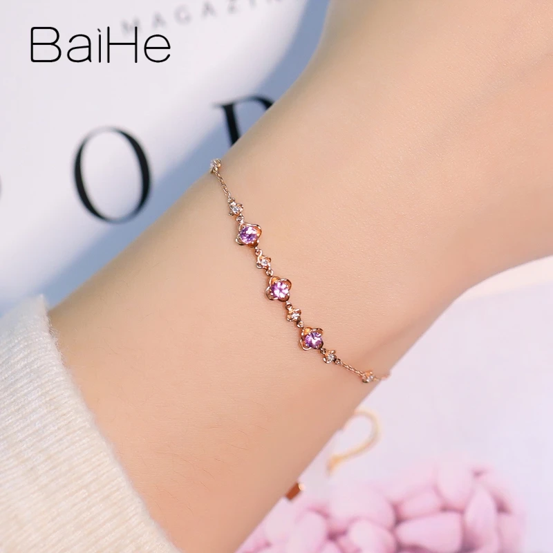 BAIHE Solid 18K розовое золото 0.40ct круглая огранка натуральный розовый сапфир 0.05ct бриллиант ювелирные украшения красивый цветок подарок браслет