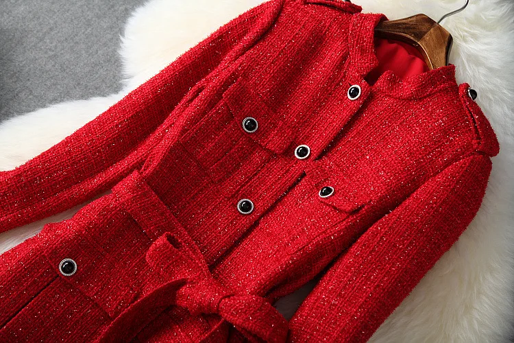 Женское зимнее твидовое пальто в стиле милитари с воротником-стойкой, однобортное, с карманами, с люрексом, подиумная Дизайнерская верхняя одежда средней длины, черный, красный