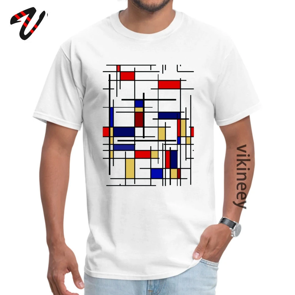 Europe Mondrian Pattern Printed On Jaws Hate Summer Fall Tops Shirts Special Round Neck Pure Cotton T Shirt Man | Мужская одежда
