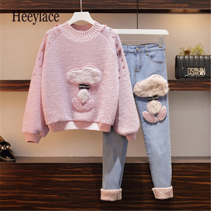 Женский джинсовый костюм большого размера свободный свитер с круглым вырезом и