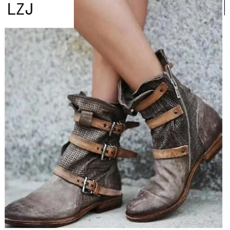 LZJ/женские ботинки; сезон осень-зима; женские ботинки до середины икры; повседневные винтажные кожаные сапоги для верховой езды на шнуровке; обувь на квадратном каблуке; Zapatos De Mujer Botas