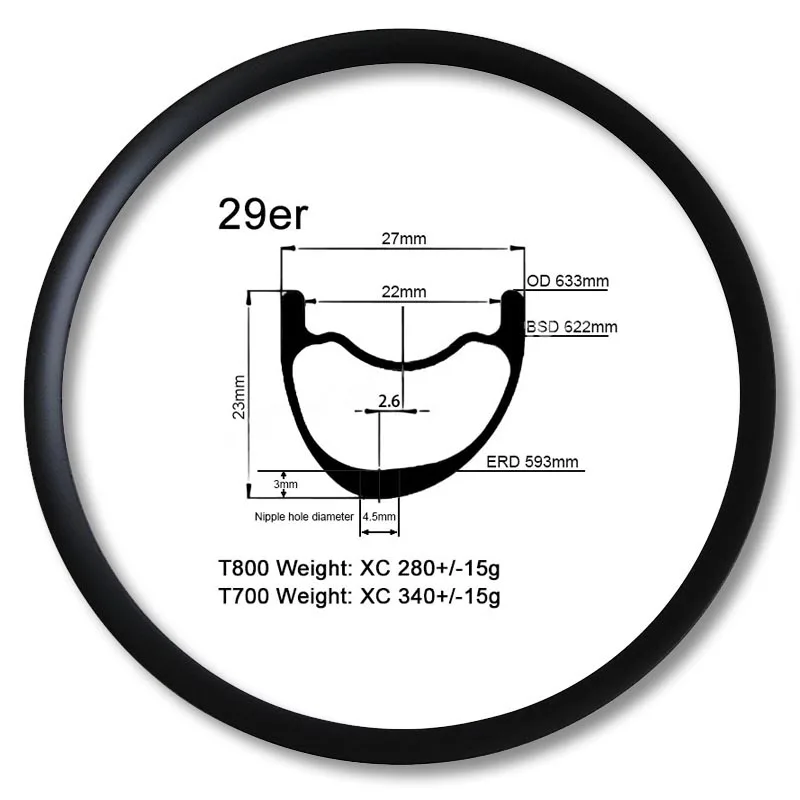 Carbonfan T800 Superlight 29er ширина: 27 мм Глубина: 23 мм Асимметричный карбоновый обод для горного велосипеда