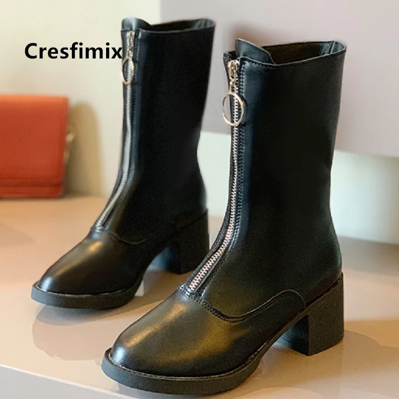

Cresfimix women fashion black pu leather round toe boots lady casual high quality boots female beige shoes bottes femmes c7026