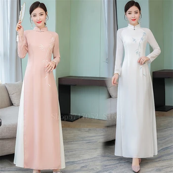 

Traditional Vietnam Ao Dai for Woman Elegant Embroidery Long Sleeve Chinese Cheongsam Retro Vintage Stand Collar Wedding Dress