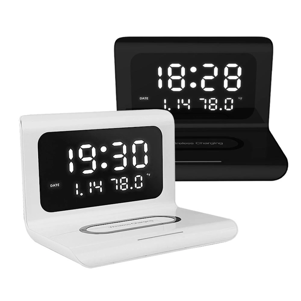 Electric Clock Perpetual Calendar Wireless Charger Desktop LED Digital Alarm Clock with 10W Wireless Mobile Phone Charging Pad