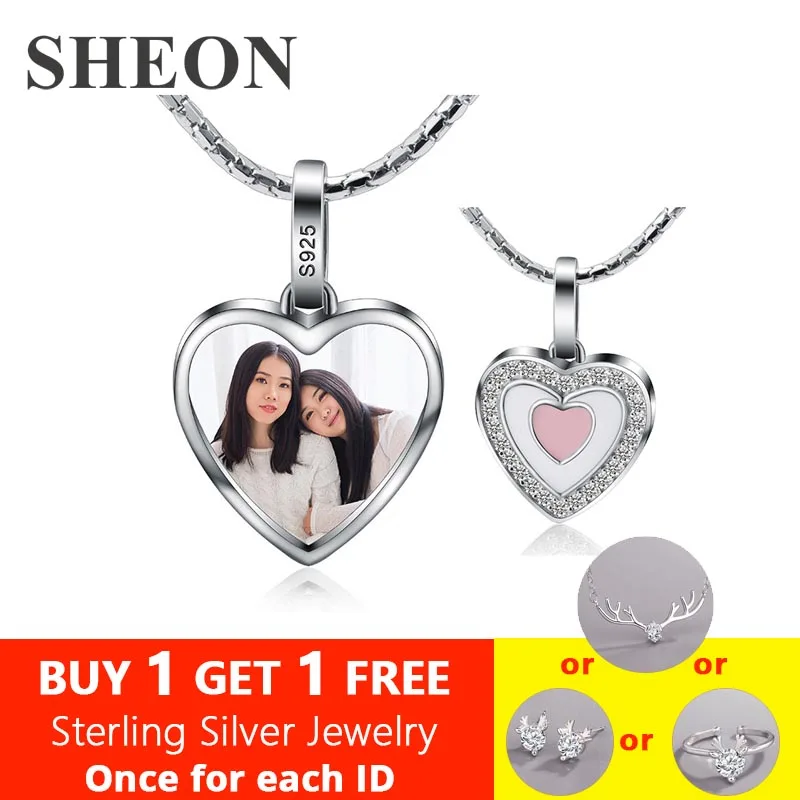 

SHEON Personalized 925 Sterling Silver Heart Pink Enamel Color Photography Necklace Memorial Gift Keepsake for Mother