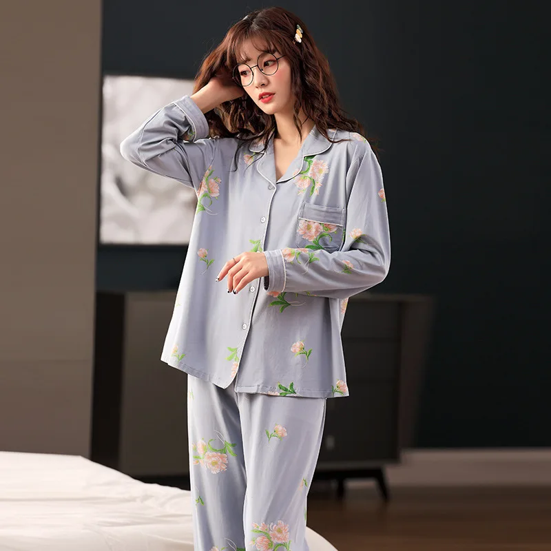 

Pajamas Ladies Long-sleeved Pure Cotton Silk Modal Cardigan Home Wear Autumn and Winter 2-piece Suit Chemise De Nuit Femme Coton