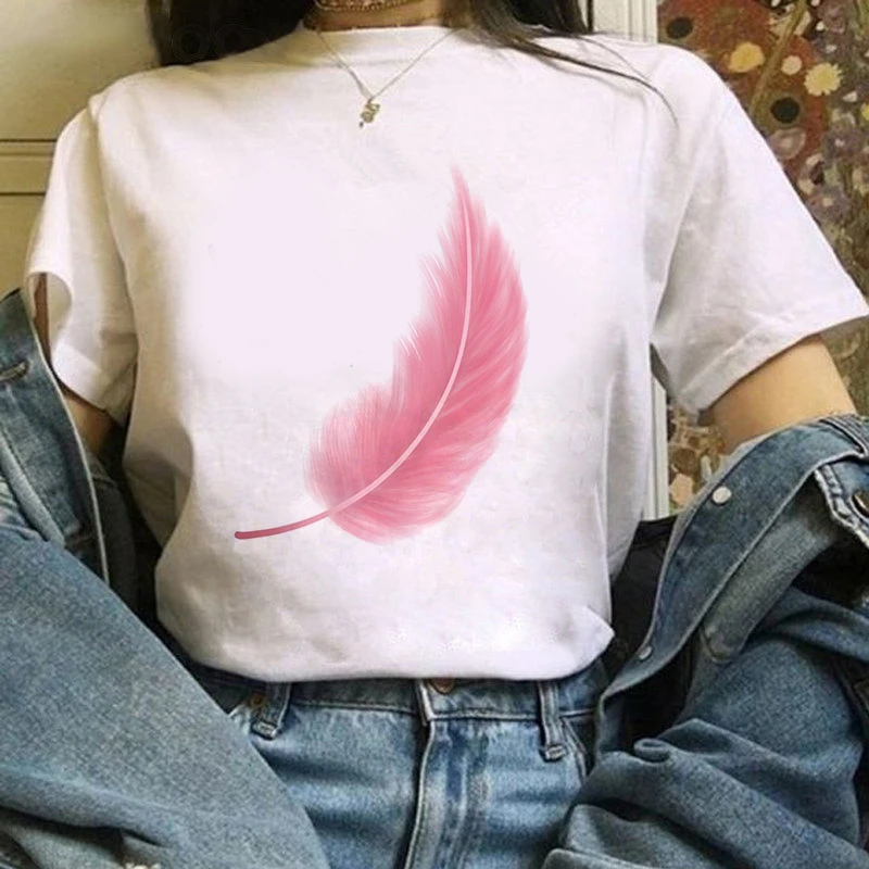 

The Great Wave of Aesthetic T-Shirt Women Tumblr 90s Fashion Graphic Tee Cute T Shirts And Feather theme Summer Tops Female