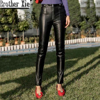 

New Fashion Sexy High Waist Skinny Real Leather Pants Women Slim Pencil Pants Ladies Streetwear Punk Zipper Full Length Trousers