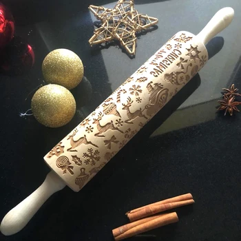 

Xmas Christmas Rolling Pin Engraved Carved Wood Embossed Rolling Pin Kitchen Tool Rolo de massa Baking tools