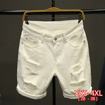 

Straight Jean Short Men Summer White Ripped Loose Fashion Hip Hop Holes Male Solid Color Casual Beach Denim Shorts Mid-waist