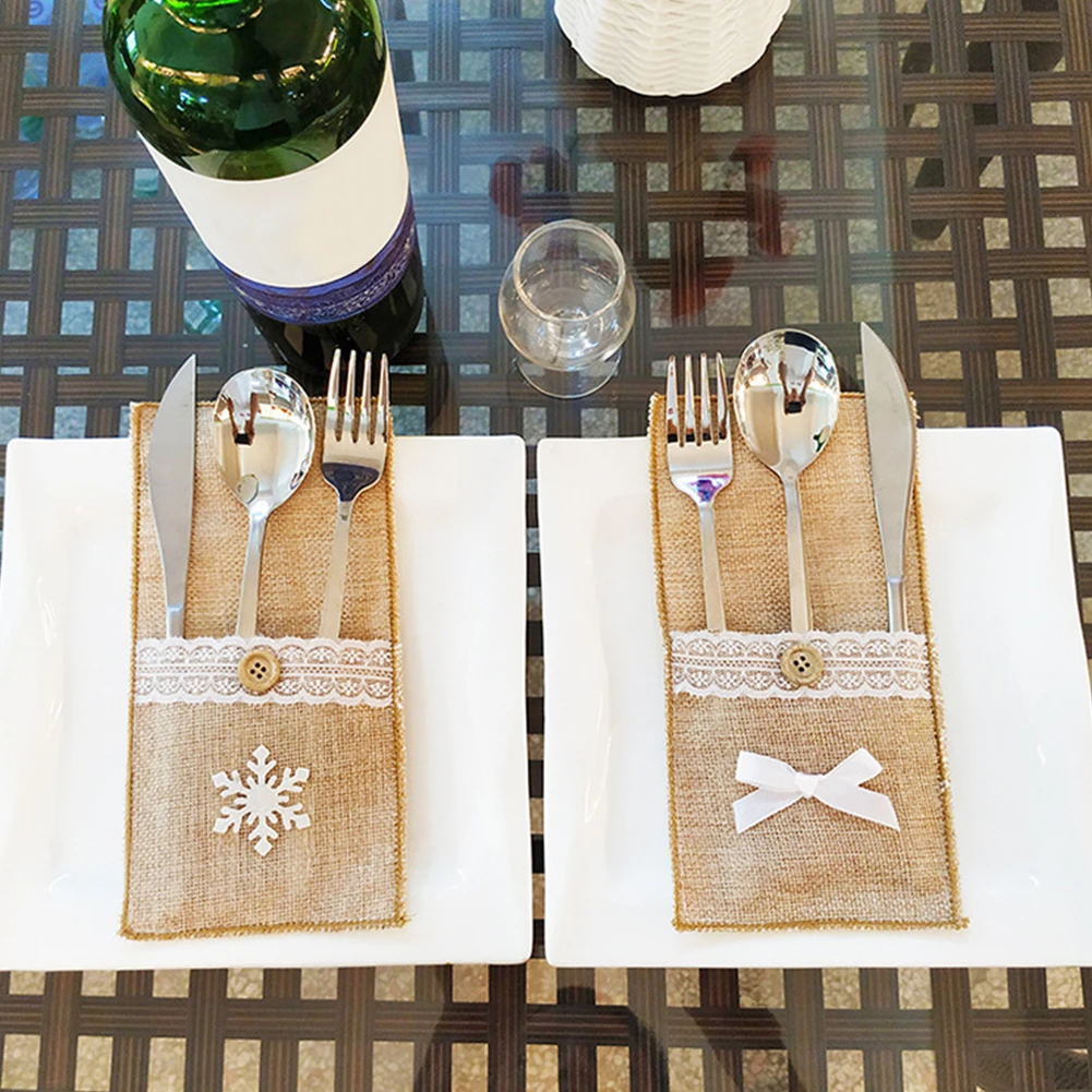 8 Pcs Holder Protective Linen Dust-Proof Lace Christmas Party Reusable Birthday Home Decorative Cutlery Cover Festival Wedding