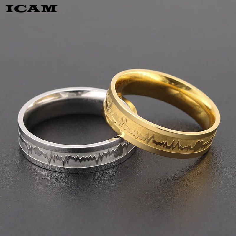 ICAM Классическая титановая сталь кольцо с электрокардиограммой волна