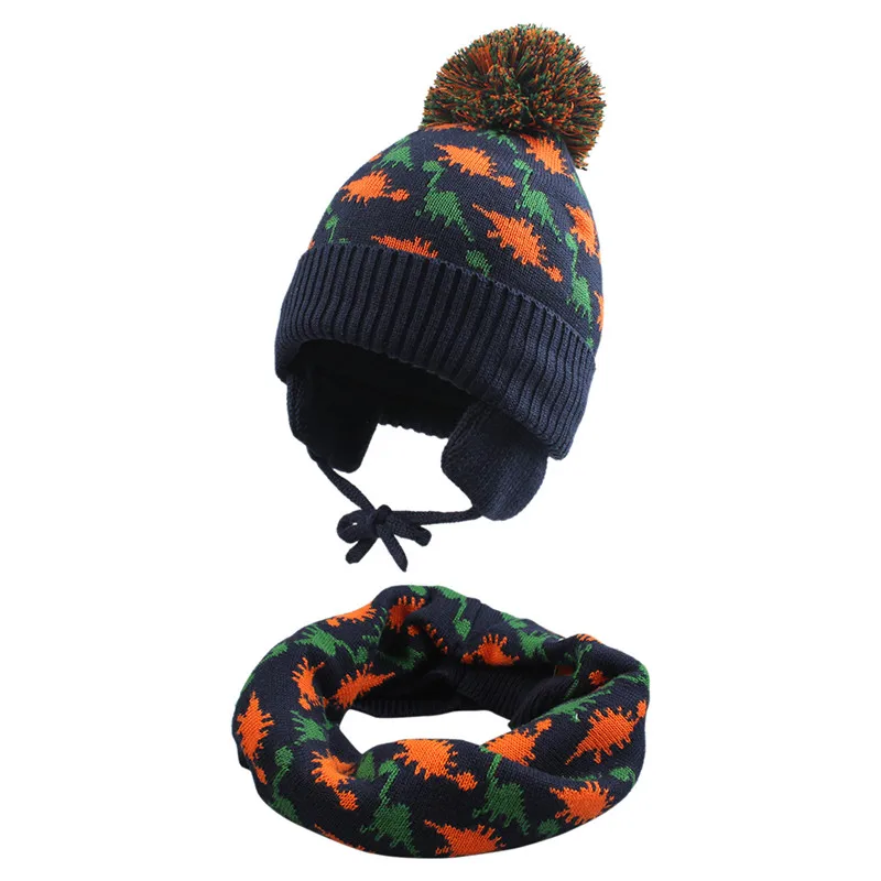 Детская шапочка с динозавром, шарф, шапка, набор, для маленьких мальчиков и девочек, зима-весна, шапка с ушками, толстая подкладка, теплая шапка с шейным платком, эластичная - Цвет: Navy