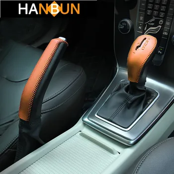 

Genuine Leather Gear Handle Sleeve Handbrake Sleeve Decoration Cover Hand Sewing For Volvo V40 2012-17 Car Accessories