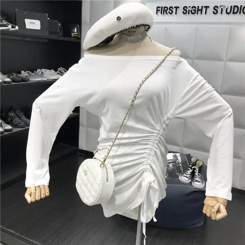

2019 autumn new simple solid color strapless word collar drawstring tie slim pack hip dress
