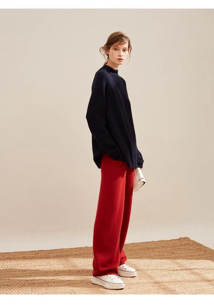 pure goat cashmere knit women fashion wide leg pants full length trousers S-XL retail wholesale customize